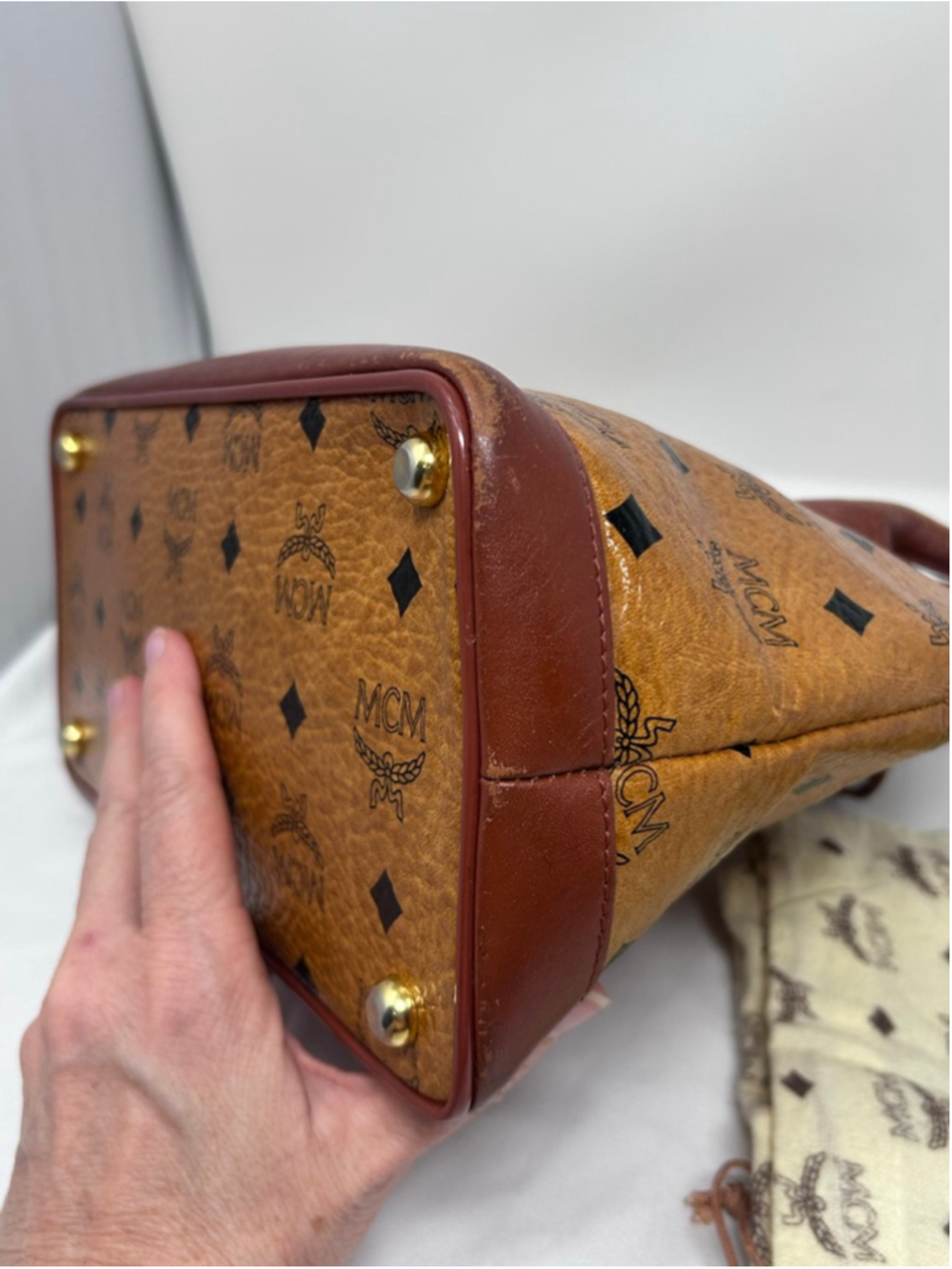 Vintage MCM Visetos Alma Satchel Cognac Monogram Leather Lock Key - Picture 9 of 16